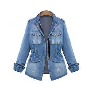 Denim Jacket Two Pocket Long Sleeved Zipper Stand Collar Cowgirl Jeans Western